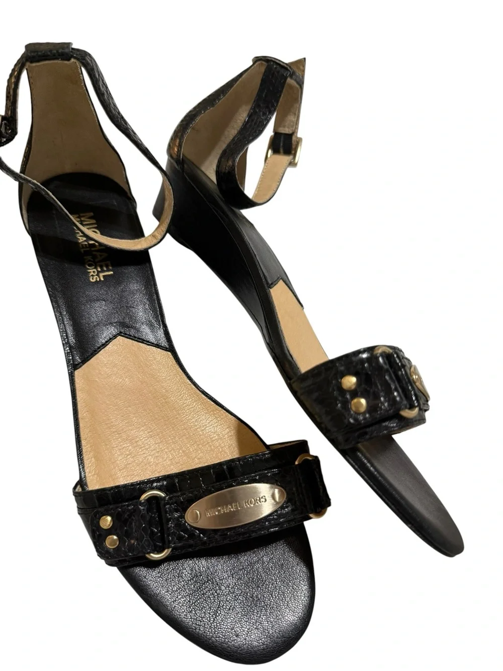Michael Kors Black Wedge Sandals with Gold Plaque